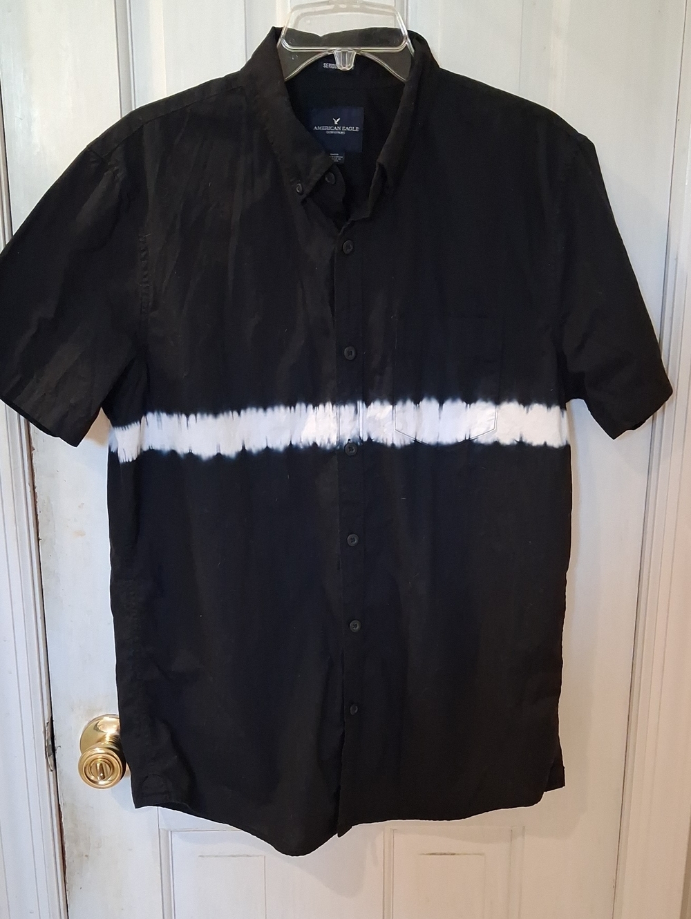 American Eagle Outfitters Black Short Sleeve Button-Up with White Tie-Dye Stripe